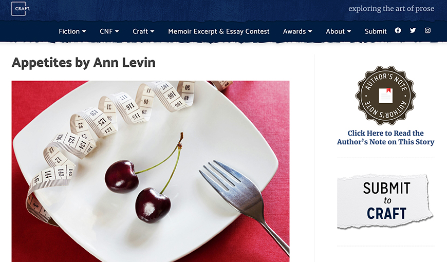 Ann Levin Blog Post Her Story, "Appetites" Published in "Craft" Literary Journal